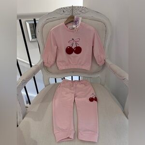 🍒 18 Mth Pink Cherry Embroidered Cozy Baby Sweatsuit With Puff Sleeves NWT